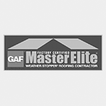 Logo of GAF Master Elite, a certification for weather stopper roofing contractors, featuring a stylized house roof graphic above the text.
