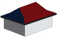 Illustration of a simple 3D house model with a red and blue gabled roof and gray walls.