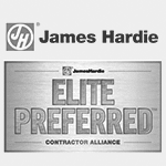 Logo of James Hardie above "Elite Preferred Contractor Alliance" emblem in monochrome.