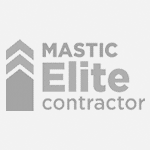 Logo of Mastic Elite Contractor featuring a stylized house icon alongside the text "Mastic Elite Contractor" in gray tones.
