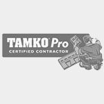 Logo of TAMKO Pro Certified Contractor featuring a stylized illustration of a roofer holding shingles on a rooftop.