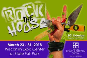 Promotional graphic for "Rock the House" event at the Wisconsin Expo Center, March 23-31, 2018, featuring tools, a house silhouette, and event details.