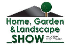 Logo for the Home, Garden & Landscape Show at Waukesha Expo Center, featuring a stylized house and tree symbol above the text.
