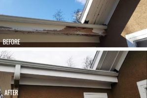 Before and after photos of a house's eaves: top image shows damaged, peeling paint; bottom image shows repaired, freshly painted eaves.