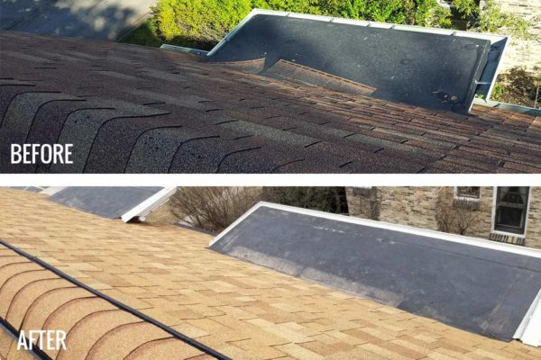 Before and after images of a house roof; top image shows an old, worn roof, while the bottom image shows the same roof after replacement with new shingles.