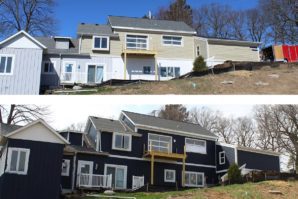 Before and after photos of a house renovation: Top shows a partially finished light beige house; bottom shows the completed house painted dark blue.