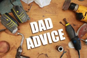 Text reading "DAD ADVICE" surrounded by various tools on a wooden surface, including a drill, skates, and a wrench.