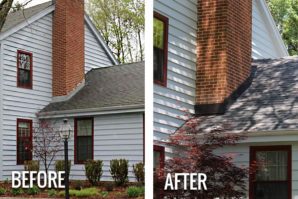 Before and after comparison of a house exterior showing improvements in siding and trim around windows.