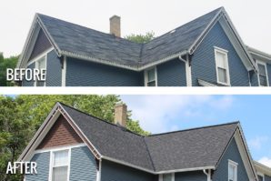 A before and after picture of the roof of a house.