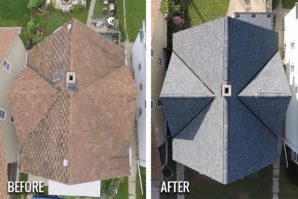 A before and after photo of the roof of a house.