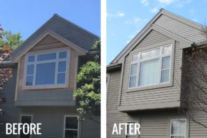 A before and after picture of the exterior of a house.