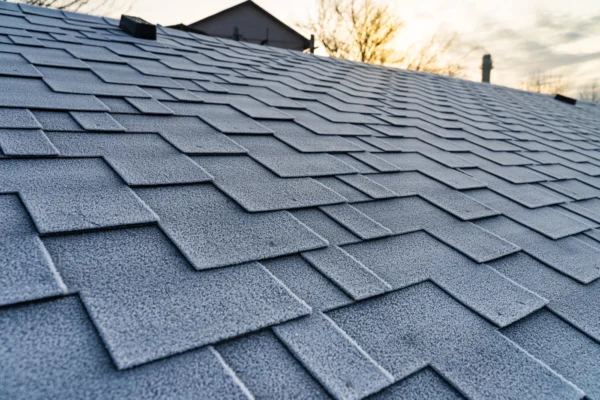 Frost-covered asphalt shingles on a sloped house roof, with the silhouette of a nearby house and bare tree branches visible in the background at sunrise or sunset—perfect inspiration for Menomonee Falls roofing services.
