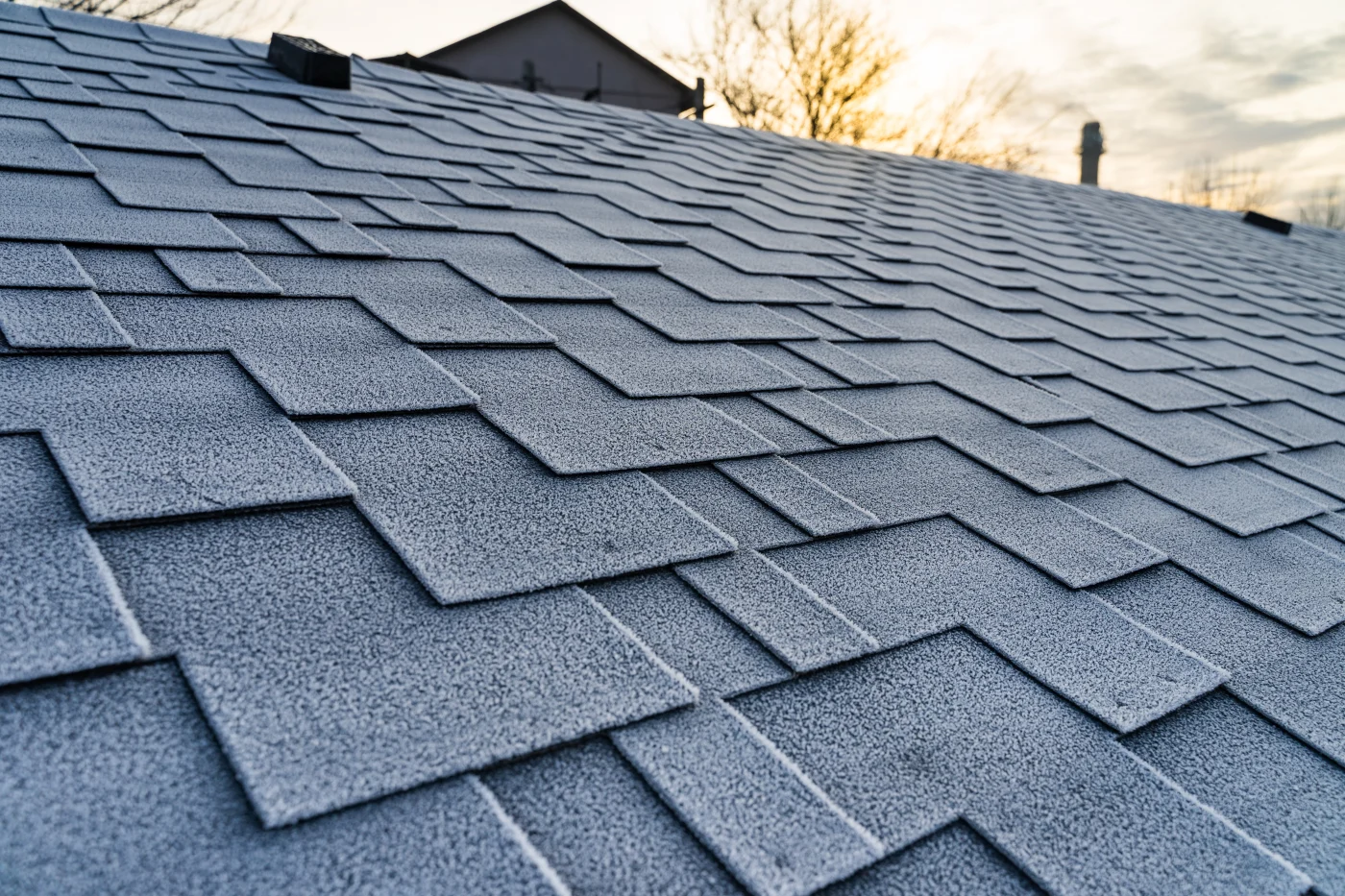 Frost-covered asphalt shingles on a sloped house roof, with the silhouette of a nearby house and bare tree branches visible in the background at sunrise or sunset—perfect inspiration for Menomonee Falls roofing services.