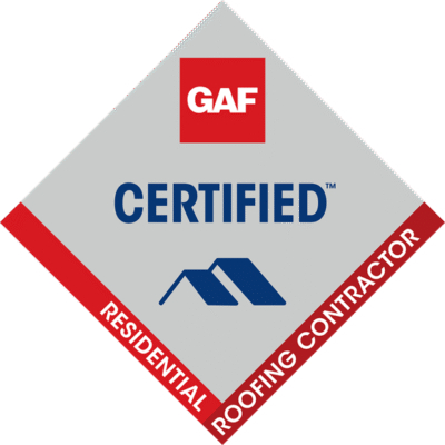 GAF Certified logo featuring a red square with GAF, the word CERTIFIED, a roof icon, and red borders reading Residential Roofing Contractor on a gray diamond-shaped background, representing a trusted Menomonee Falls roofing company.